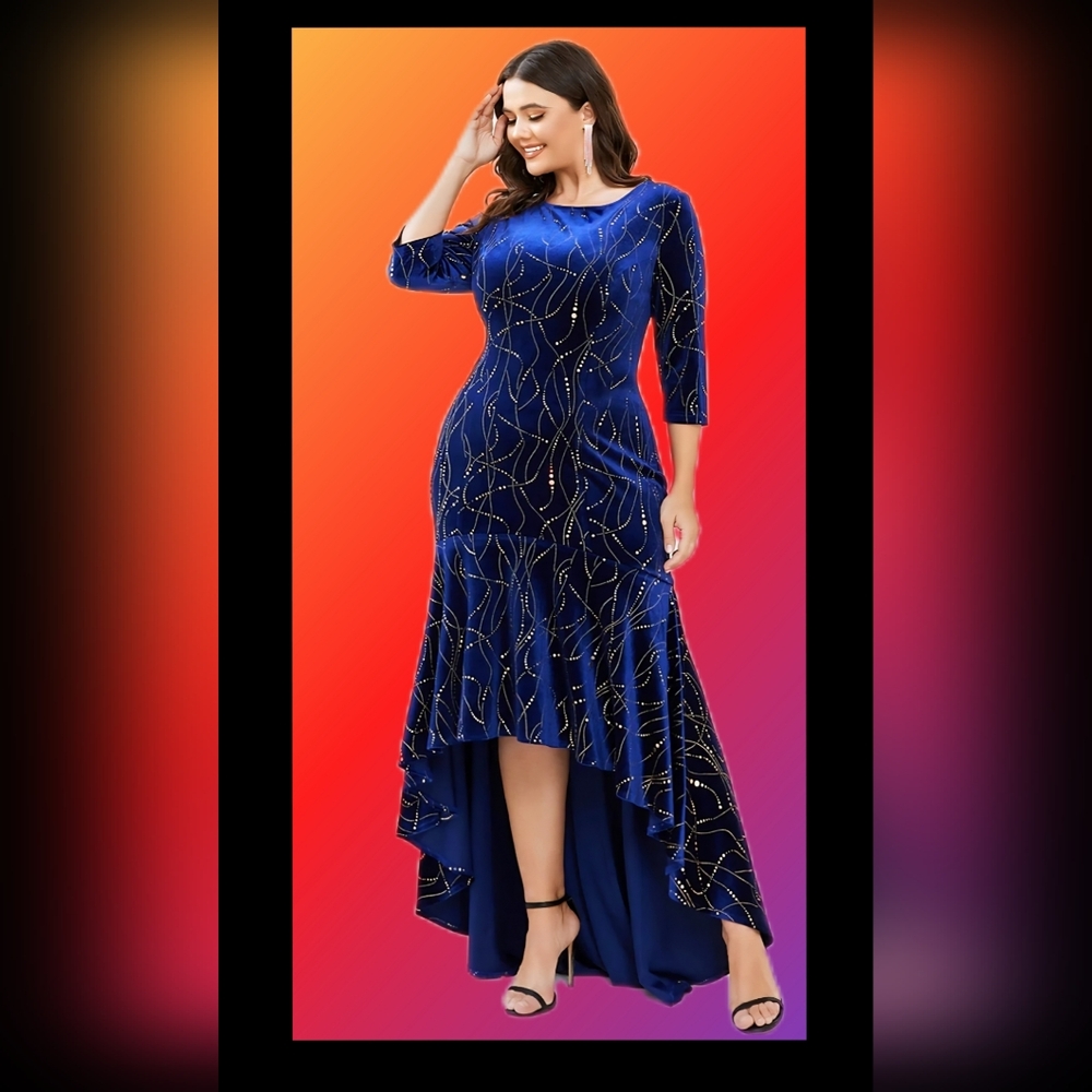 Elegant Blue Velvet Sequined Plus Size Evening Dress by Ever-Pretty